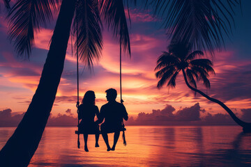 A young couple in love swings on a swing on a beach with palm tr