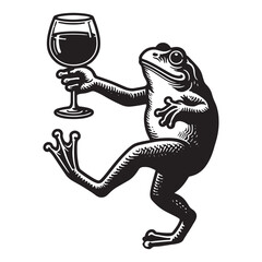  A cheerful dancing frog with a glass of alcoholic drink wina in his hand. Vintage retro illustration, emblem logo. Black and white