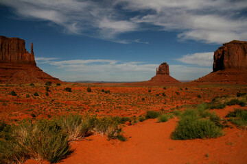 West and East Mitten Buttes in Arizona under cloudy sky