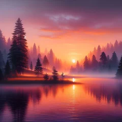 Zelfklevend Fotobehang sunrise in a foggy landscape over lake with pine trees and mist © Wirestock