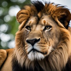 AI generated illustration of a lion sitting and staring at the camera attentively
