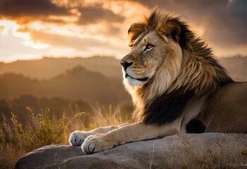 AI generated illustration of a lion lounging on a rocky outcrop under dramatic cloudy sky - obrazy, fototapety, plakaty