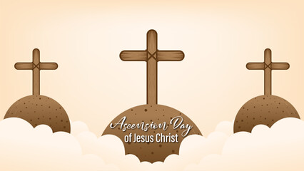 design for celebration of the Ascension of Jesus Christ. with ornaments of heavenly clouds, hills, Jesus, cross and light