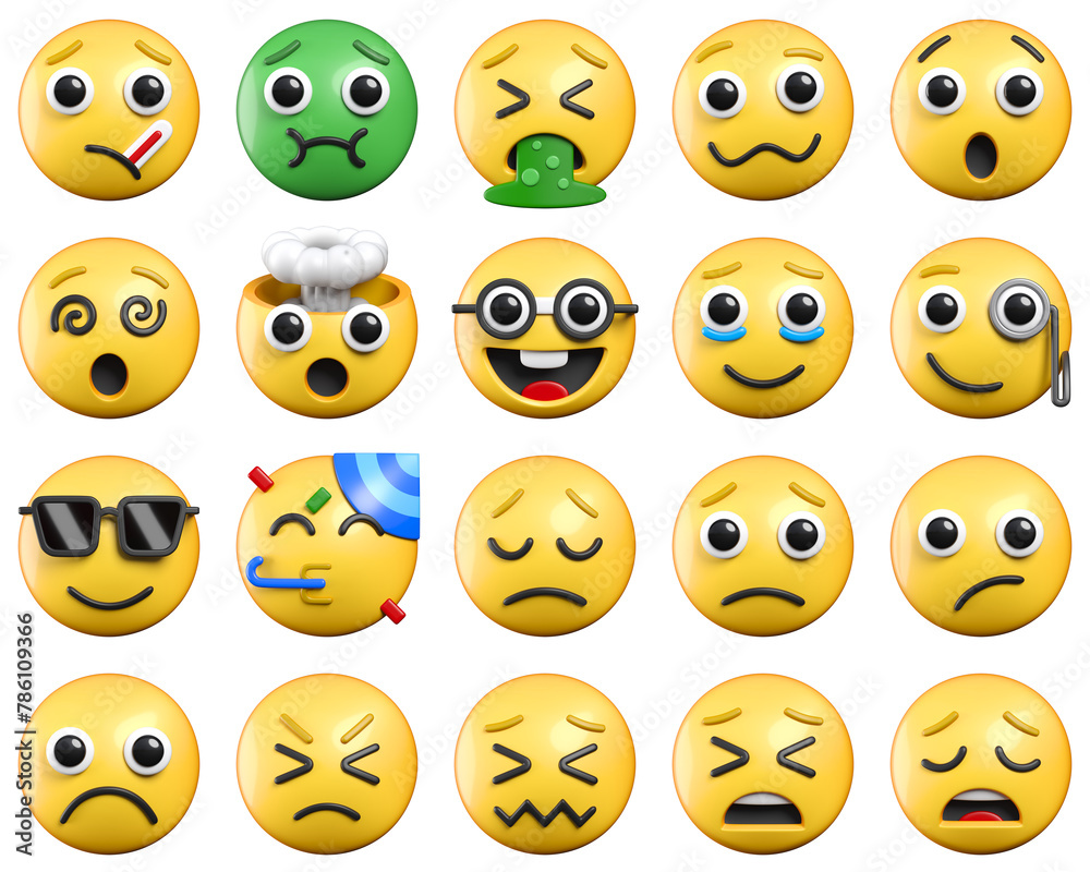 Sticker set of emojis with various expresions, emoticons collection isolated from the background 3d renderin