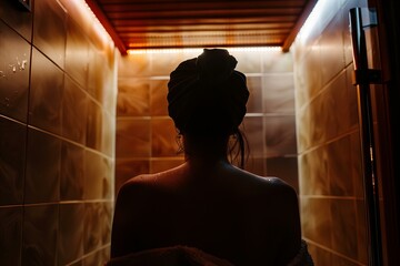 Silhouette of a person in a shower with dramatic backlit ambiance. Wellness and relaxation concept