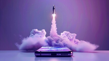 Rocket launch from a smartphone concept. Innovation and technology theme for mobile,