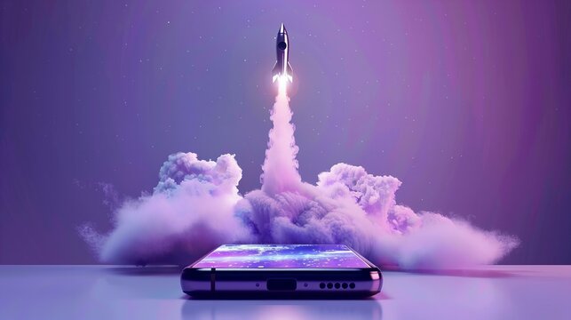 Rocket launch from a smartphone concept. Innovation and technology theme for mobile,
