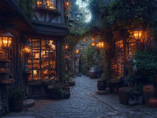 AI generated illustration of the alley of the wizarding quarter with the light of magical shops