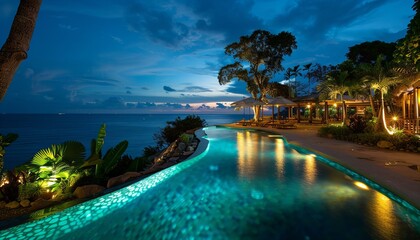 Tropical resort pool at dusk with palm trees. Relaxation and travel. Design for travel brochure