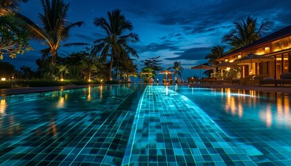 Fototapeta na wymiar Tropical resort pool at dusk with palm trees. Relaxation and travel. Design for travel brochure