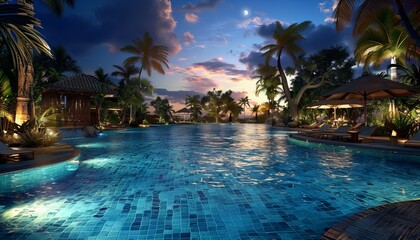 Obraz premium Tropical resort pool at dusk with palm trees. Relaxation and travel. Design for travel brochure