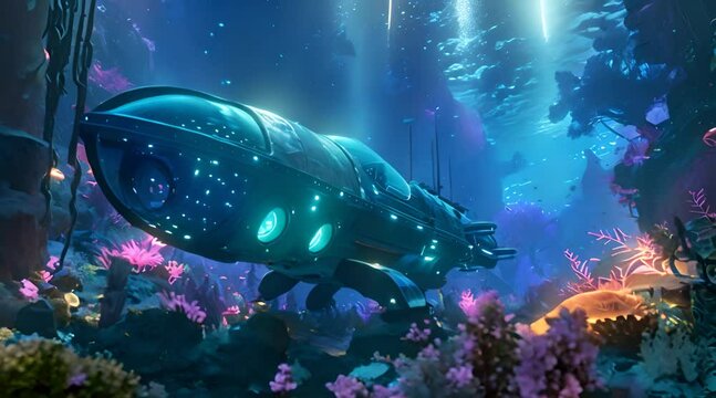 Deep sea exploration sub viewing bioluminescent sea creatures and futuristic underwater flora