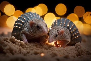 Obraz premium Armadillos digging in a sandy area with soft bokeh lights.