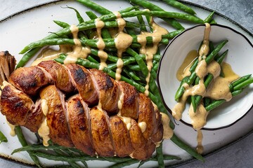 Grilled braided pork with green beans and honey mustard sauce
