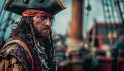 Portrait of a pirate at sea. Adventurous and historical character concept
