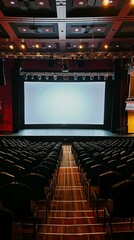 Theatre auditorium with empty seats and a large screen. Performing arts and cinema concept