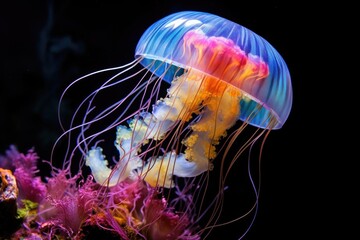 Jellyfish gracefully floating in a tank with colored LED lights.