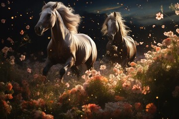 Obraz na płótnie Canvas Horses frolicking in a field with illuminated flowers.
