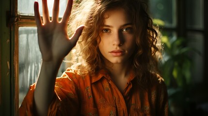 a young girl holding up her hands in front of the window - obrazy, fototapety, plakaty