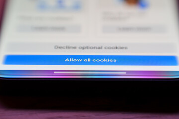 Allow cookies button on internet webpage. Internet browsing history data technology security concept