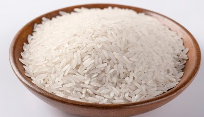 white Rice, Oryza sativa, edible starchy cereal grain on the white background