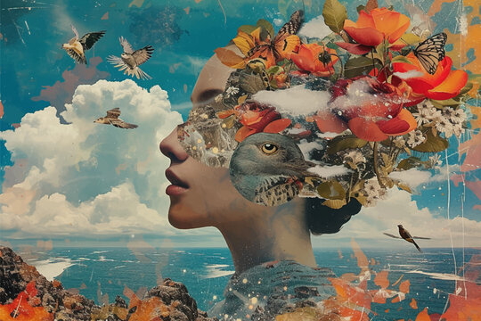 Abstract surreal art collage of young woman with flowers and butterfly. Fashion portrait in summer style.