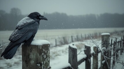 Obraz premium A raven sits on a fence on a gloomy winter day against a stormy sky.