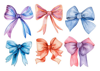 Set of watercolor bows and ribbons colored decoration vector illustration