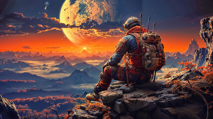 a spaceman is looking to martian landscape with a sunset scene
