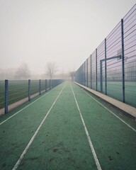 Vertical shot of the back of the green basketball court on a foggy day