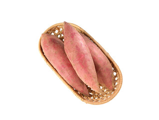 A basket of sweet potatoes on white background