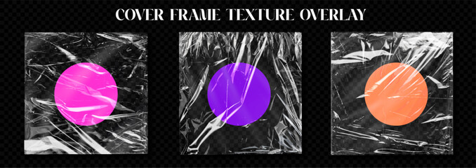 Vinyl plastic album cover frame shrink texture overlay. Triptych of crinkled plastic textures, each highlighted by a bold colored circle, evoking a creative and edgy feel, perfect for modern designs. - 786112510