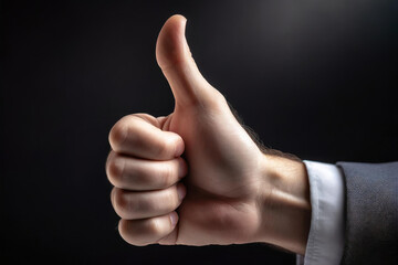 Thumb up gesture on a black background, close up.