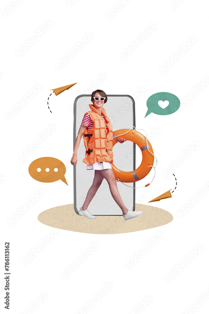Poster collage 3d pinup pop retro sketch image of happy smiling girl rescuer carrying swimming circle go po