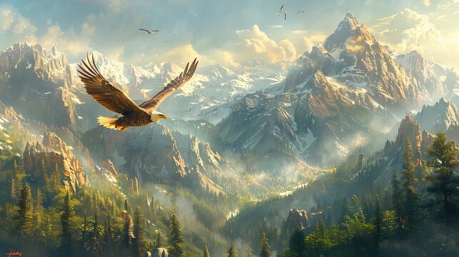 A breathtaking banner featuring a bald eagle soaring high above the rugged peaks of the Rocky Mountains, with the American flag majestically flowing in the foreground.