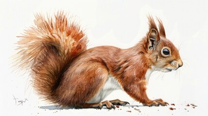 A mischievous red squirrel, with its bushy tail and bright eyes, against the pure white background, embodying the spirit of curiosity and playfulness.