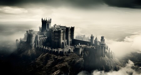 the castle is surrounded by fog and clouds on a hill - obrazy, fototapety, plakaty