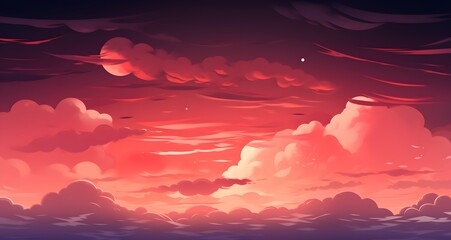 an ocean filled with pink clouds in the distance, and mountains in the distance