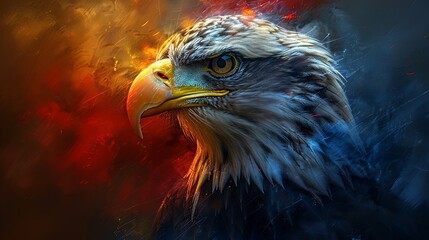 A dynamic banner showcasing a bald eagle in close-up, wings fully extended, superimposed over a digitally rendered American flag that waves fluidly in the background. - obrazy, fototapety, plakaty