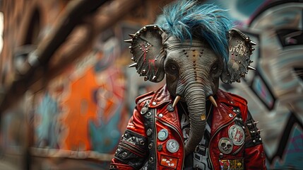 Fototapeta na wymiar Elephant with a punk look in a leather jacket and vibrant hair in front of a graffiti wall