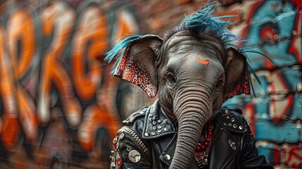 Elephant with a punk look in a leather jacket and vibrant hair in front of a graffiti wall