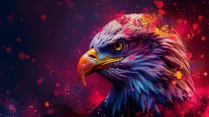 A dynamic banner showcasing a bald eagle in close-up, wings fully extended, superimposed over a digitally rendered American flag that waves fluidly in the background. - obrazy, fototapety, plakaty