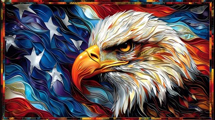 A dynamic banner showcasing a bald eagle in close-up, wings fully extended, superimposed over a digitally rendered American flag that waves fluidly in the background.