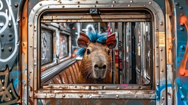 Capybara with a punk look in a leather jacket and vibrant hair on a subway train, graffiti