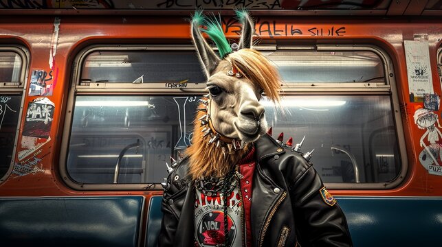 Llama with a punk look in a leather jacket and vibrant hair on a subway train, graffiti street art