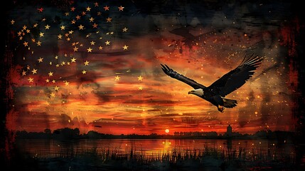 Obraz premium A majestic display featuring a bald eagle flying over the historic Fort McHenry, the birthplace of the national anthem, with the scene intricately woven into the fabric of the American flag.