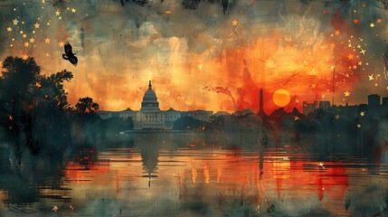 A patriotic montage with a bald eagle gliding over a panoramic view of the National Mall, including the Capitol and the Washington Monument, artistically merged with the American flag's stars. - obrazy, fototapety, plakaty