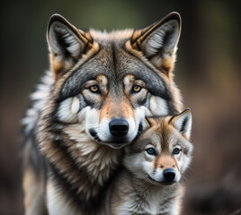 Naklejka na ściany i meble There is a wolf and a baby are sitting on a log