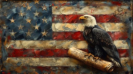 A powerful image of a bald eagle clutching the Constitution on a parchment scroll, with the American flag as a vibrant backdrop.