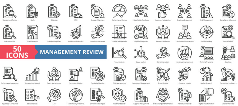 Management review icon collection set. Containing goal, objective, KPIS, strategy alignment, performance metric, stakeholder feedback, customer satisfaction icon. Simple line vector.